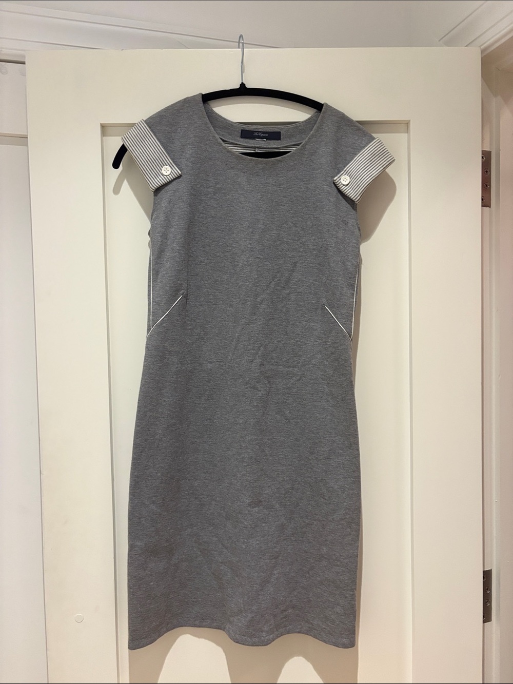 Les Copains Gray Crewneck Cap-Sleeve Midi Dress with Striped Cuff Detail